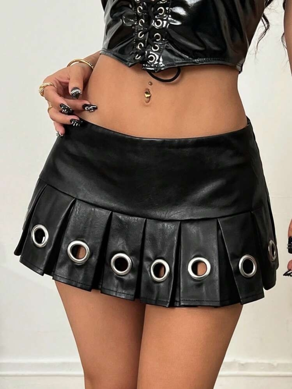 SHEIN Brown Pleated Faux Leather Mini Skirt with Grommet Trim